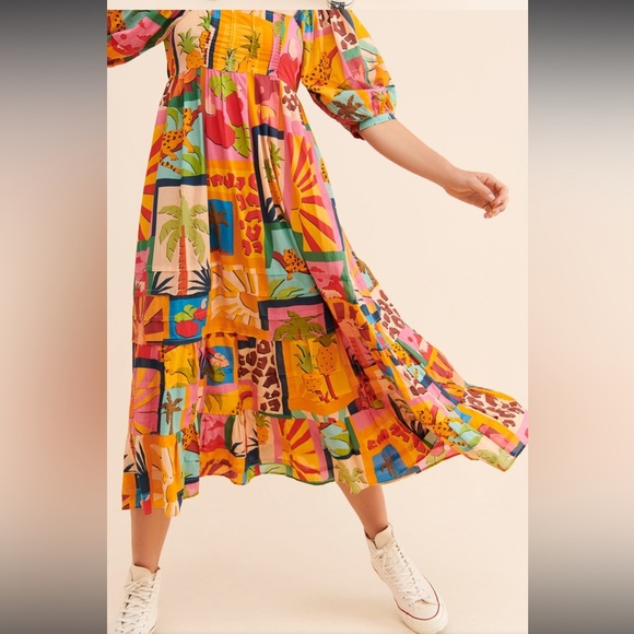 Farm Rio Tropical Collage Midi Dress Beach Maximalism Vacation Size Medium - Picture 3 of 10